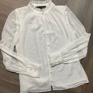 White House Black Market Blouse Womens XS White Swiss‎ Dot Ruffle Neck Romantic
